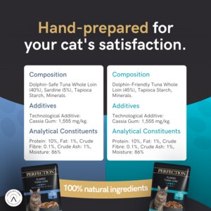 A bowl of cat food with the words "hand prepared for your cat's satisfaction".